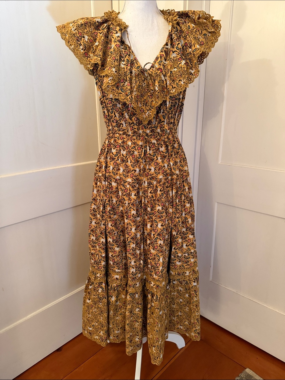 Ulla Johnson Floral Ruffle Midi Dress in Mustard